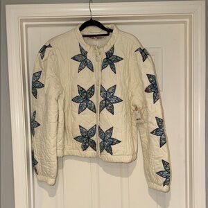 Free People Cream Bomber Jacket with Blue Star Accents
